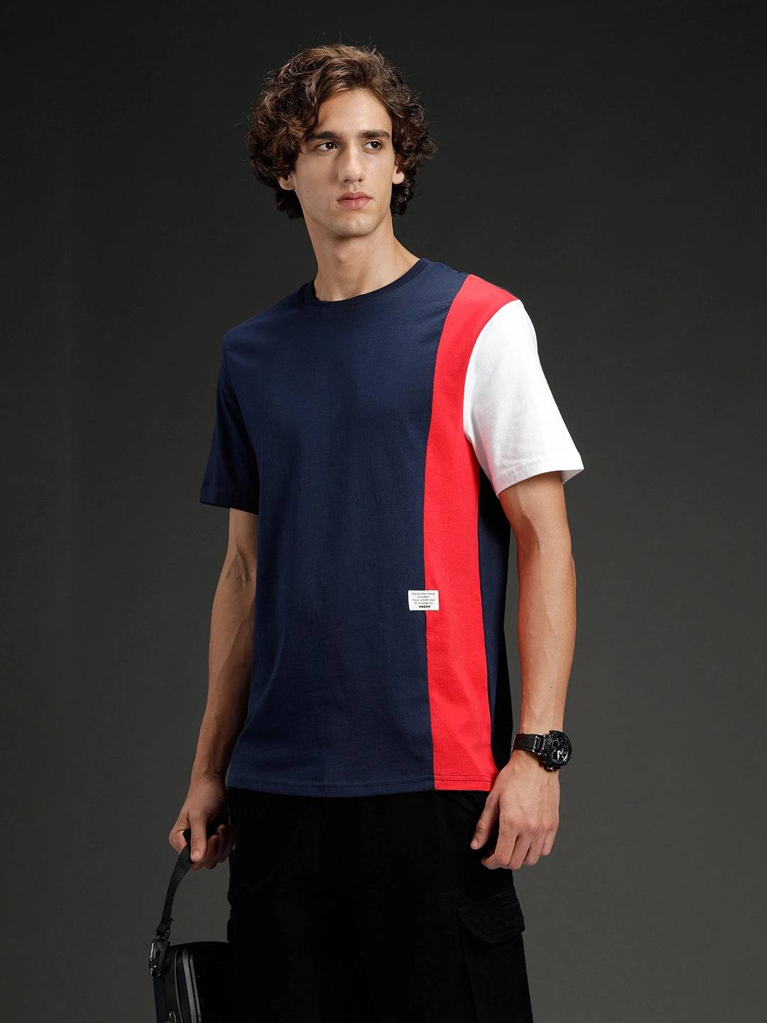 Colorblocked Regular Fit Tee for Men | Navy Blue