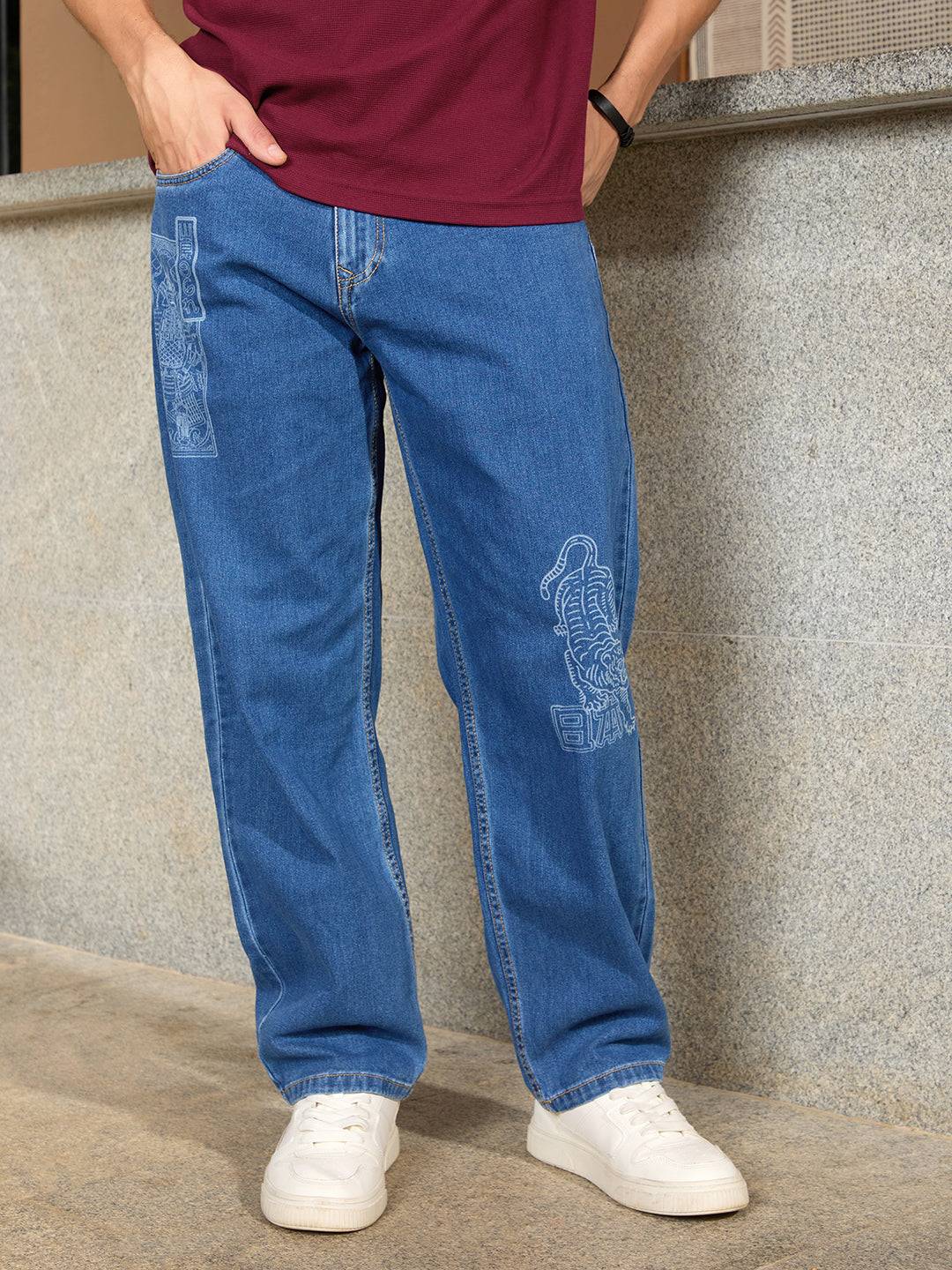 Laser Print Loose Fit Jeans | Blue