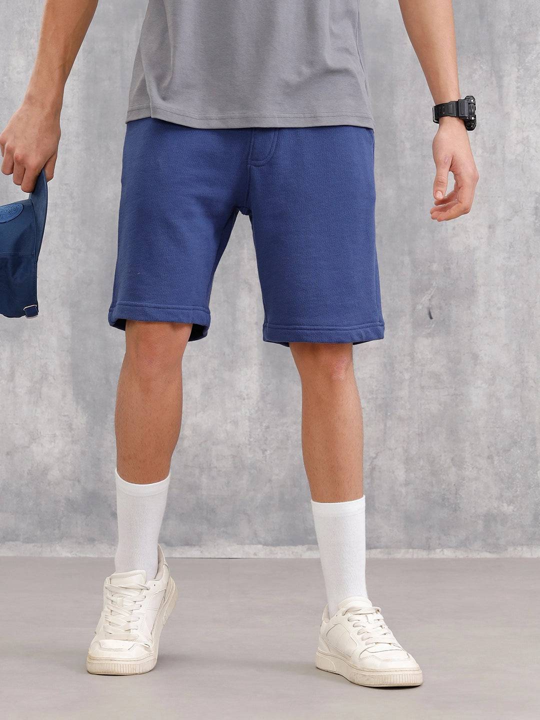 Textured Regular Fit Shorts With Logo Embroidery | Blue