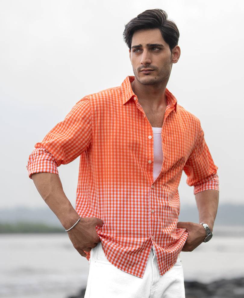 Orange Spray Checks Shirt Buy @ ₹1199