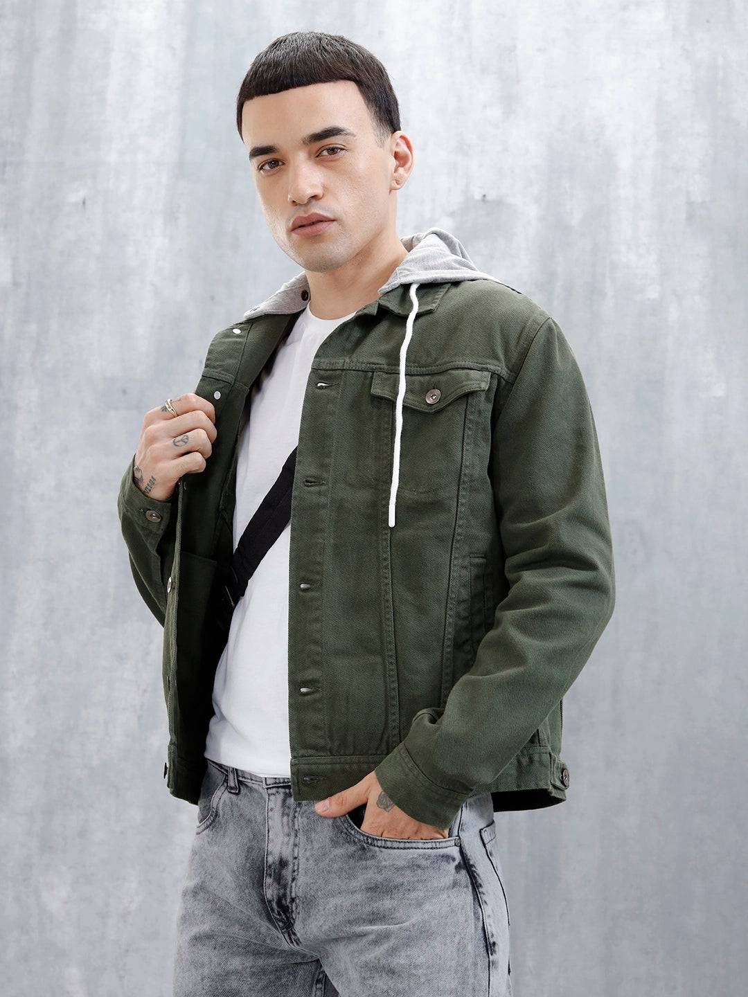 Wrogn Men's Casual Hooded Denim Jacket | Olive