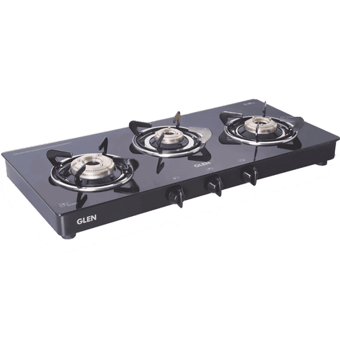 Glen Cooktop,1033 GT XL BB BLK, 3 Burner cm Auto Manual Glass Top Brass Burner 1 Medium + 1 small + High Flame Extra Large (Black) Buy only at ₹5999