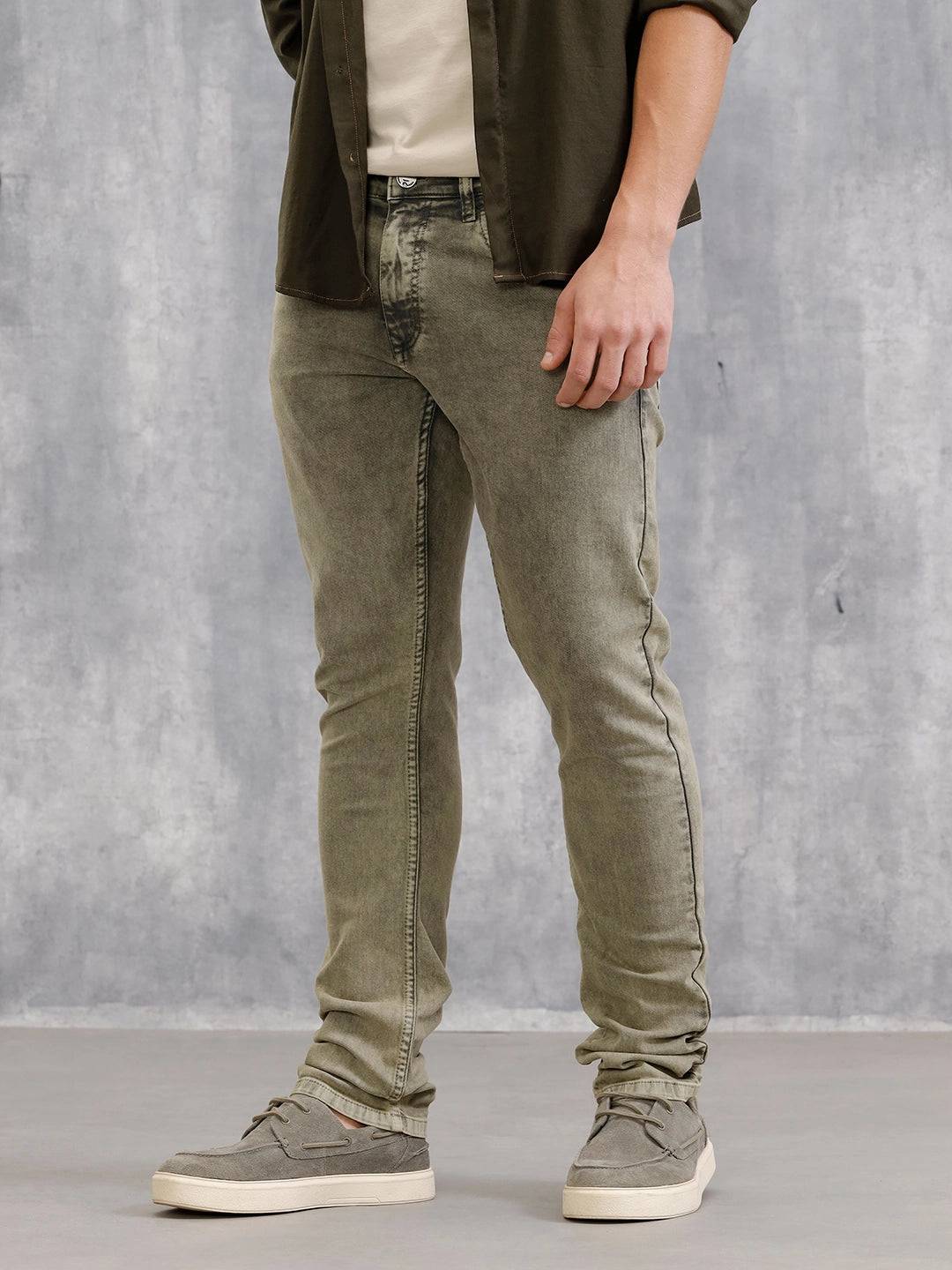 Retro Wash Overdyed Slim Fit Jeans | Olive