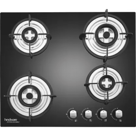 Hindware Hob, SARA+ 4B 60 CM, 4 Burner 60 cm Automatic Electric Glass Top Steel Burners 2 Medium + 1 small +1 High Flame Gas Stove (Black) Buy only at ₹20990