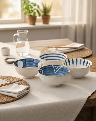 Sapphire Lines Ceramic Katori - Set Of 4