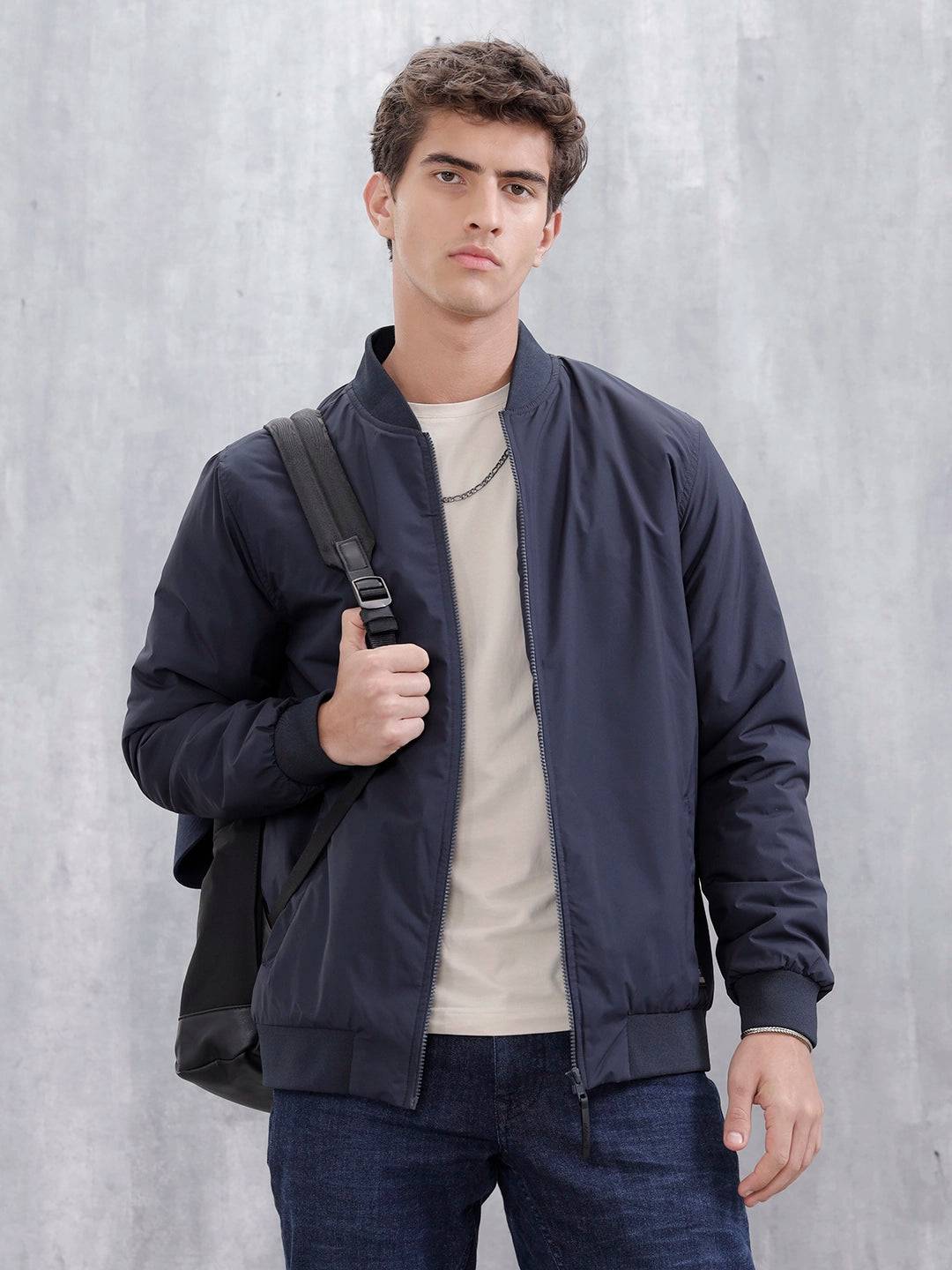 Men's Casual Solid Bomber Jacket  | Navy Blue