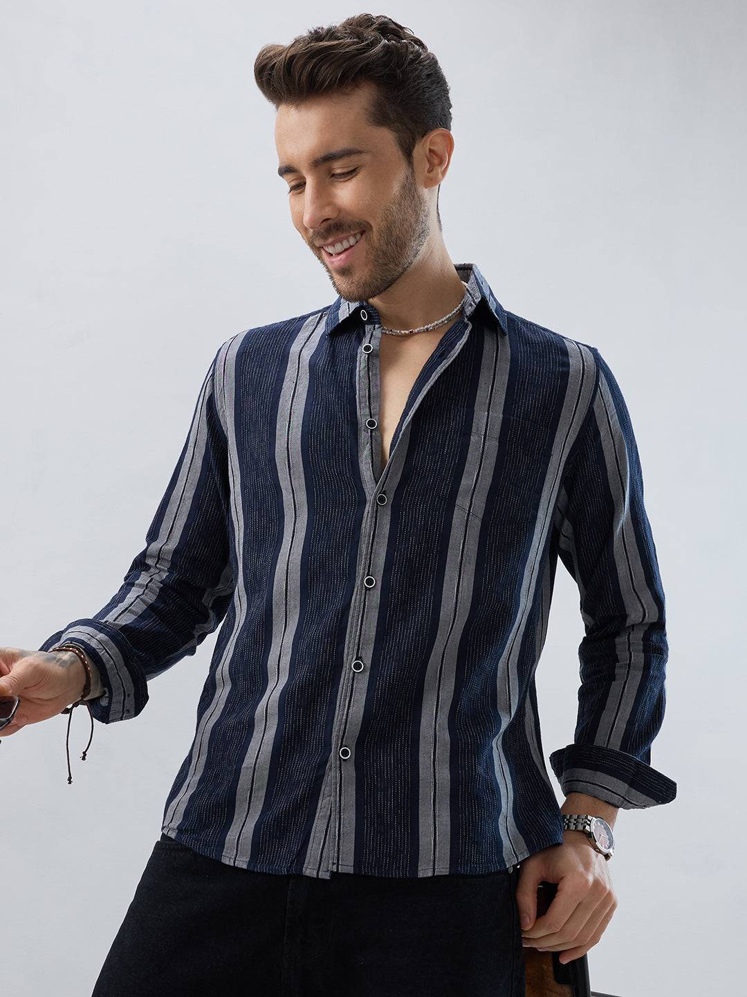 Navy Contrast Stitch Vertical Stripe Jacquard Shirt Buy only at ₹799