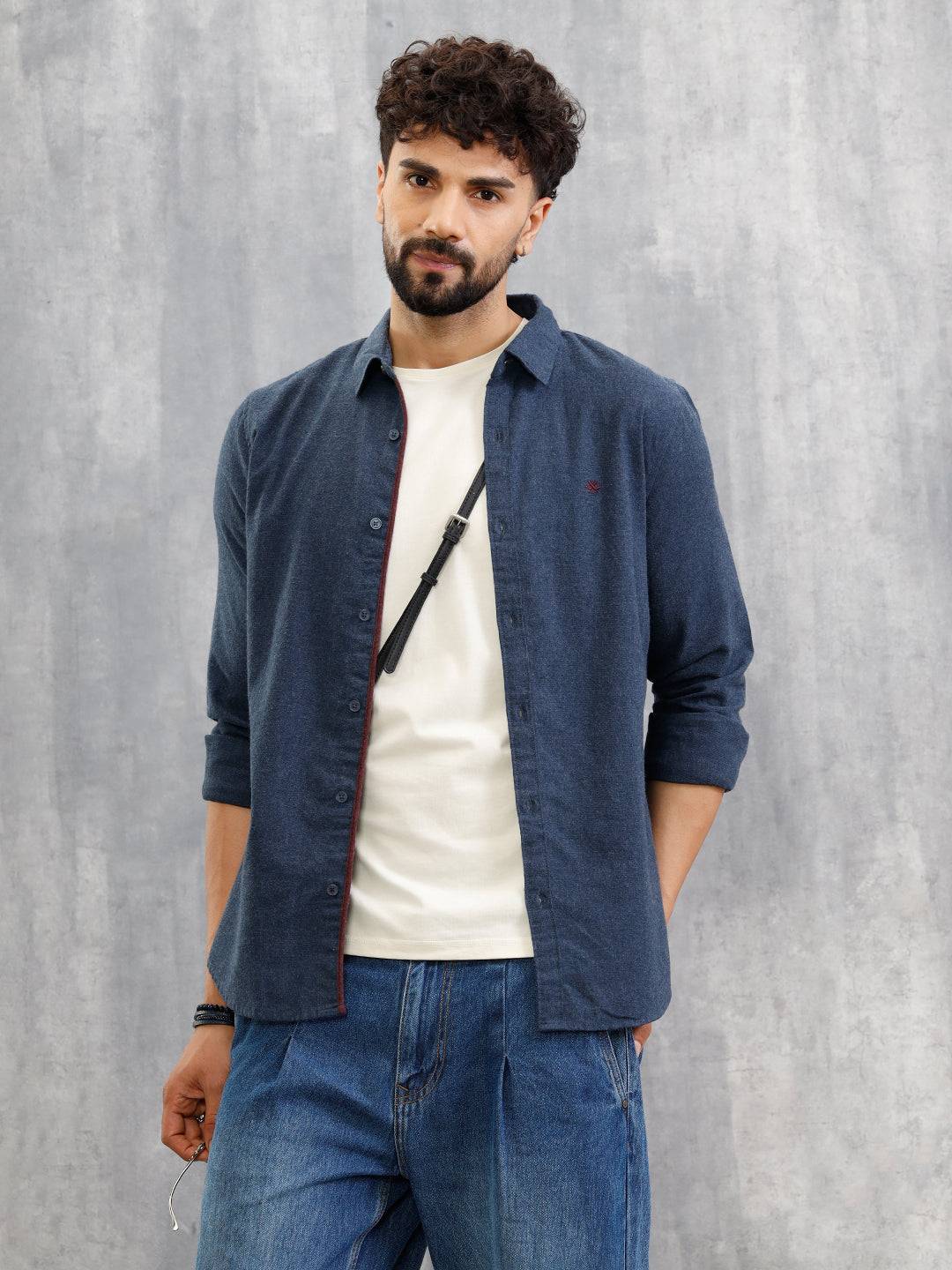 Melange Fabric Smart Shirt In Slim Fit  | Navy Blue