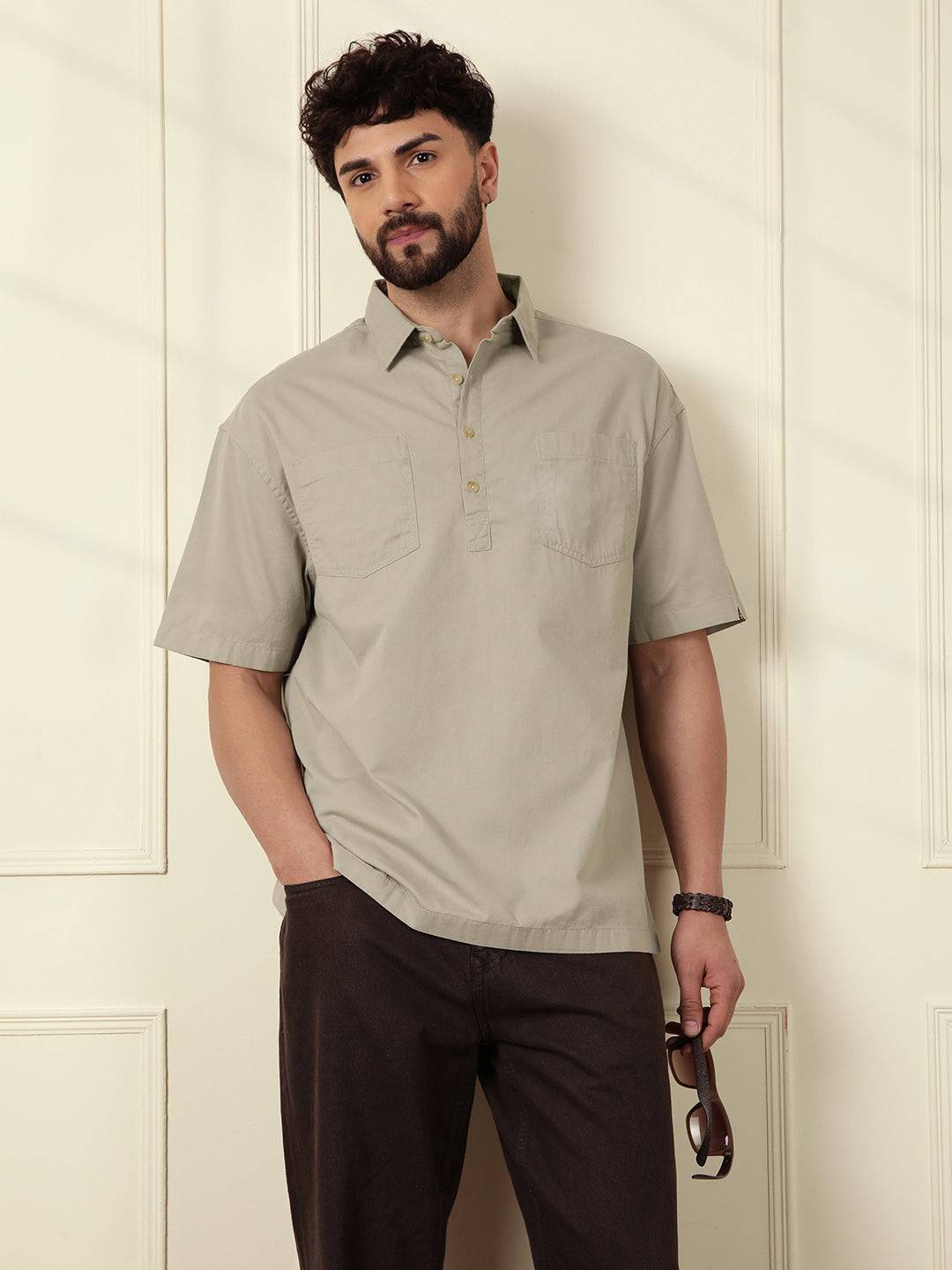 Popover Oversized Fit Shirt | Brown