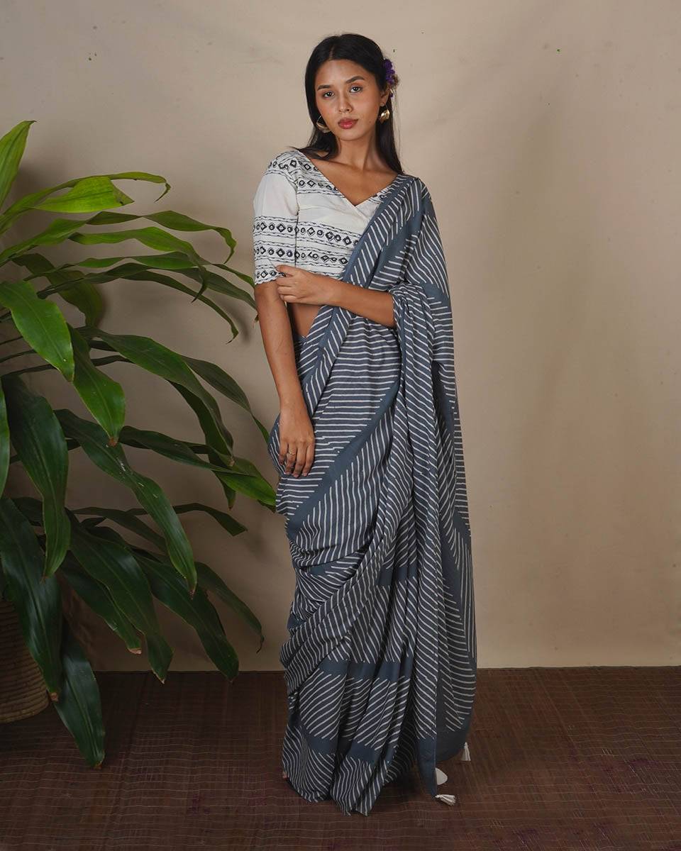 Moon Smoke Grey Block Printed Saree - BMS