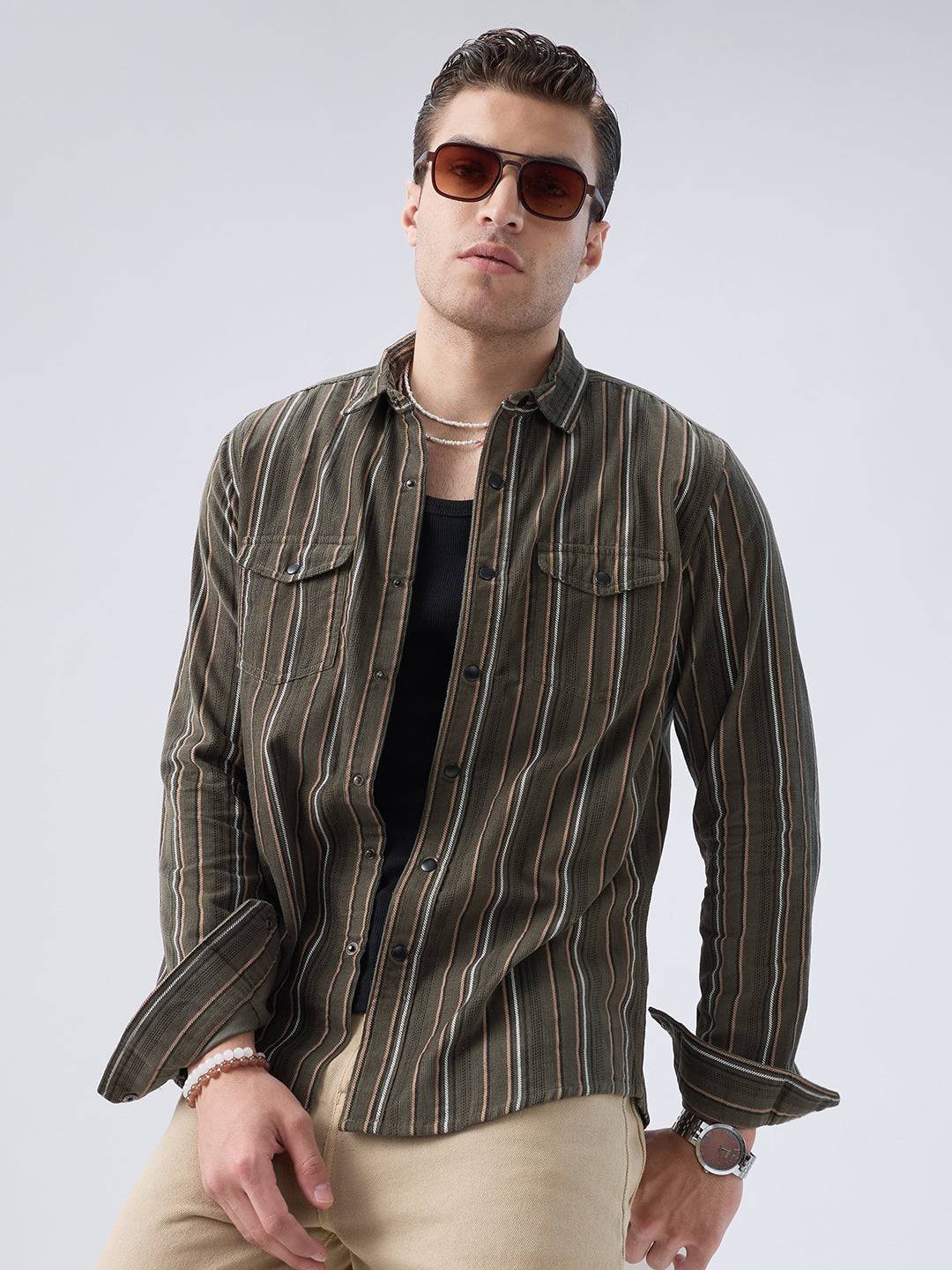 Forest Vibe Multi-Stripe Olive Twin Pocket Corduroy Shirt Buy only at ₹899