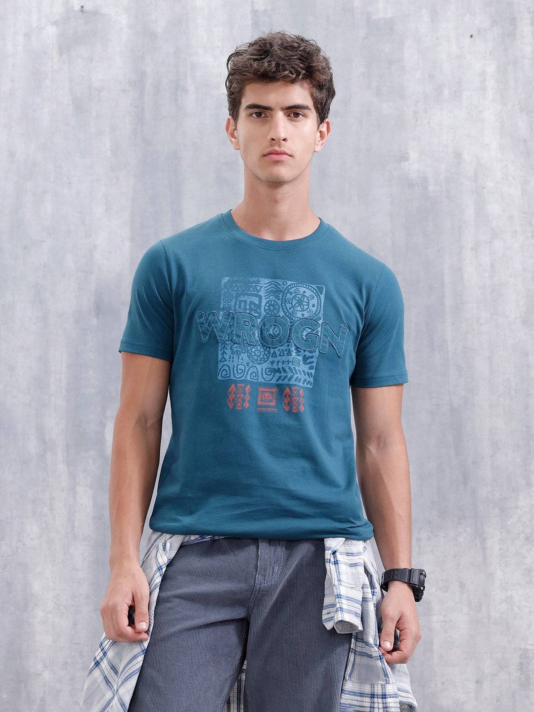 Ancient Markings Inspired Slim Fit Patchwork Brand Carrier T-Shirt | Teal