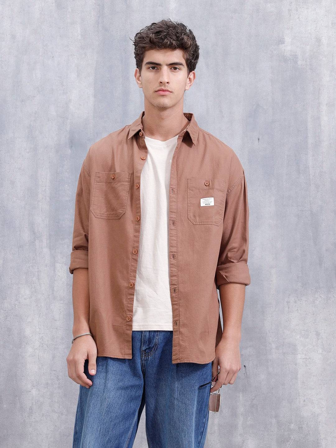 Oversized Fit Double Pocket Solid Shirt  | Khaki