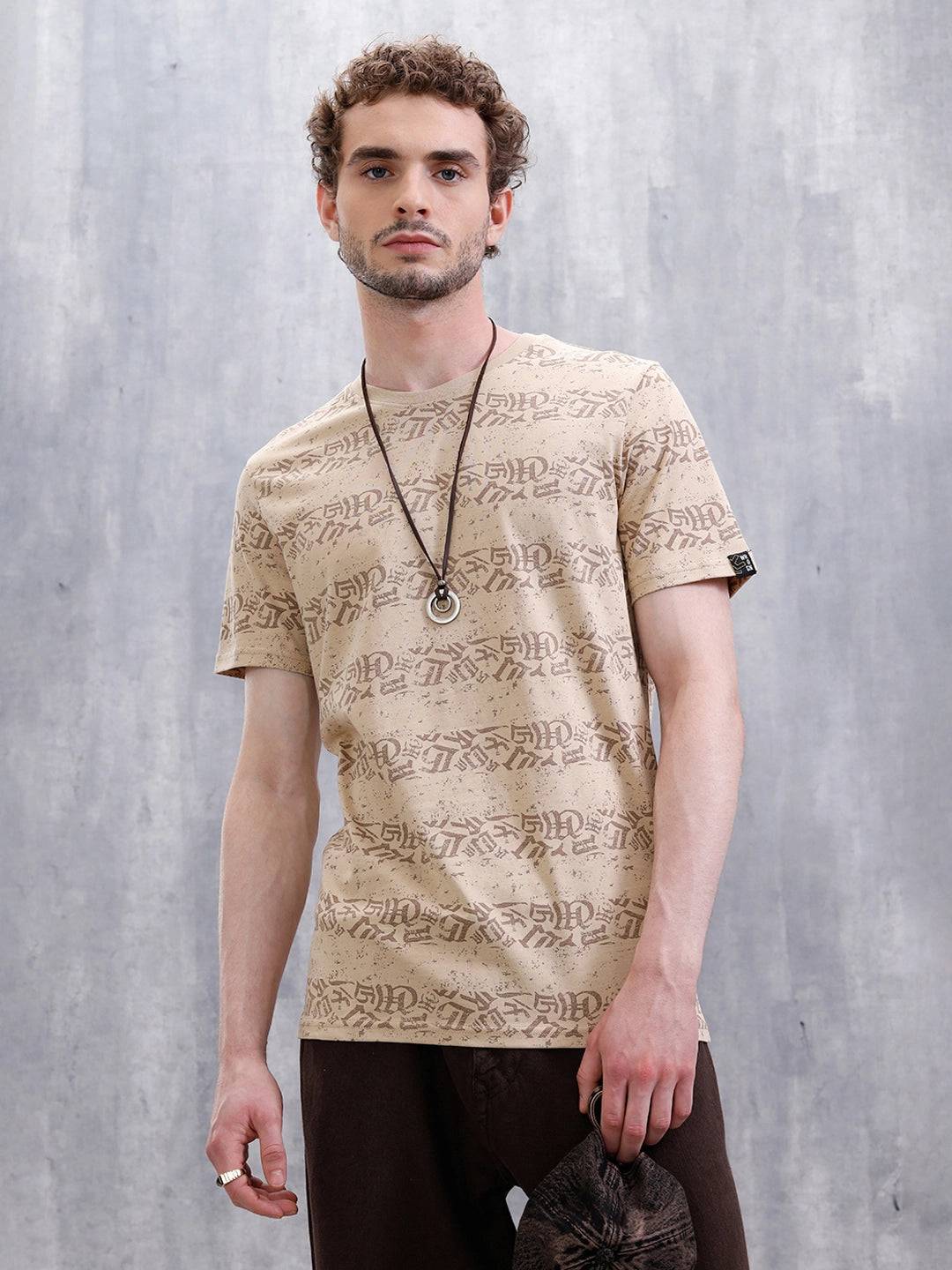 Ancient Script Striped AOP T-Shirt | Khaki
