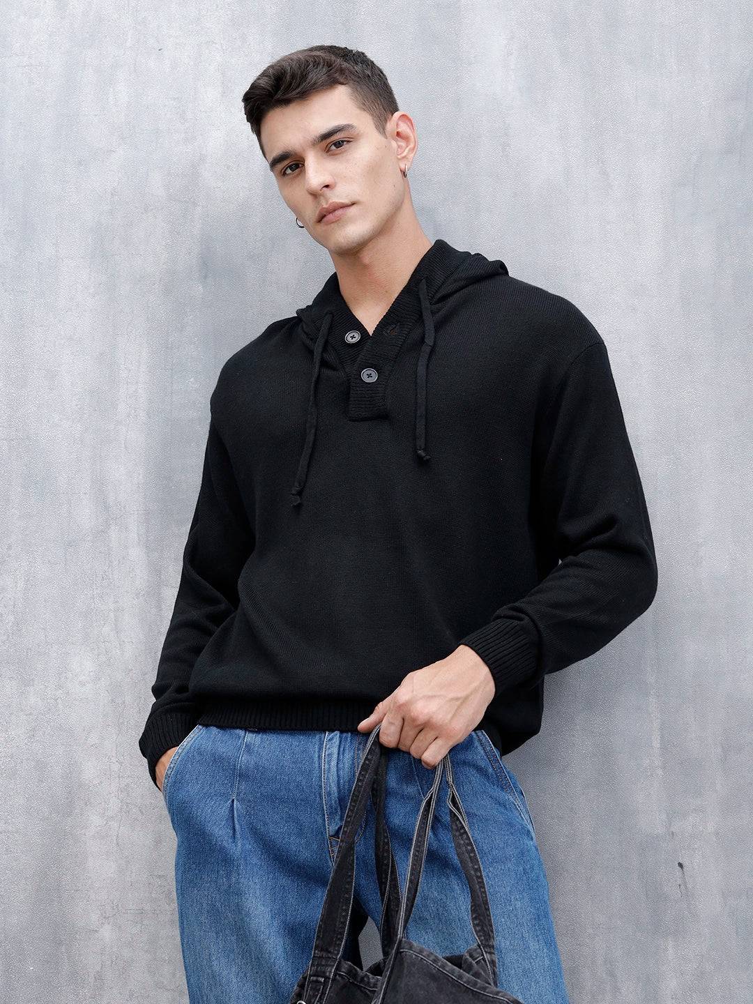Men's Solid Casual Hoodie Pullover  | Black