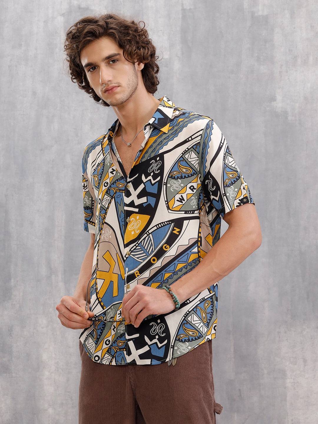 Fluid Viscose Shirt With Abstract Aop  |  Blue