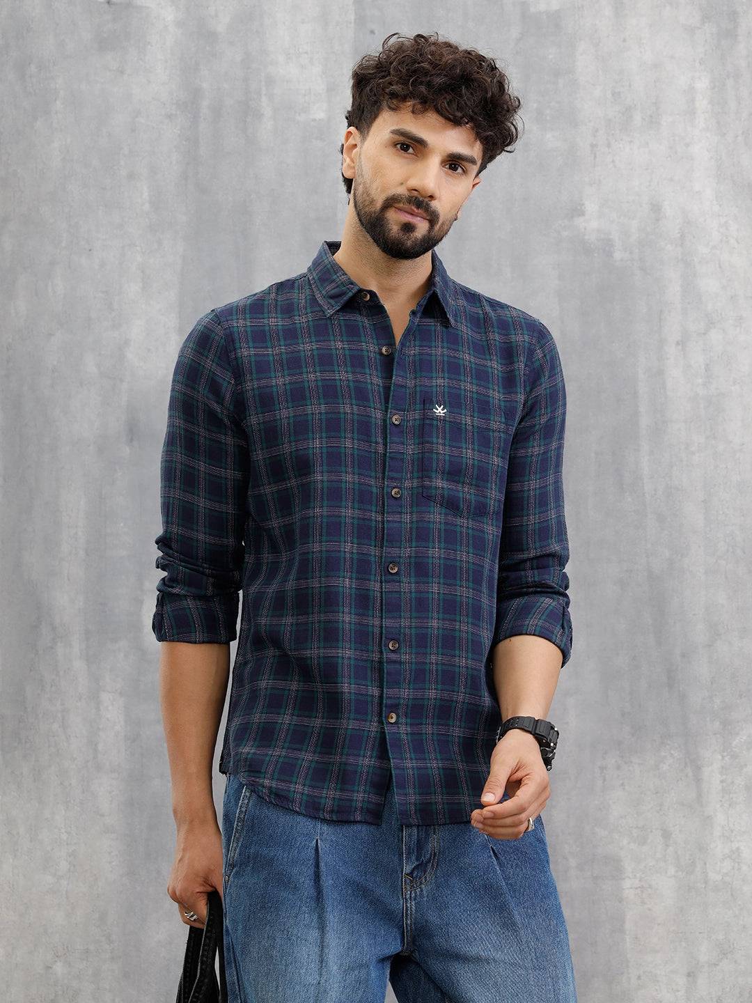 Textured Checkered Cotton Shirt  | Navy Blue