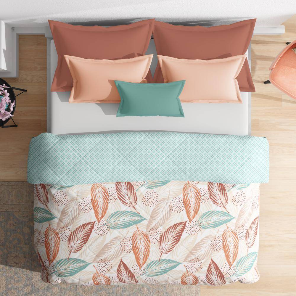 Luxurious Comforter | Double Bed(100x90 Inch) | 100% Cotton Fabric | 120 GSM | Siliconised Microfiber Filling | All Season & Reversible | Light Green & Orange