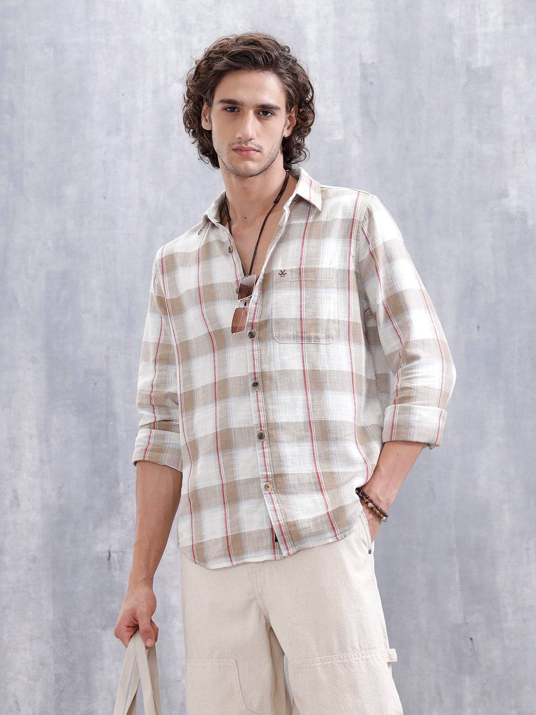 Cotton Twill Slub Checks Slim Fit Shirt | Beige