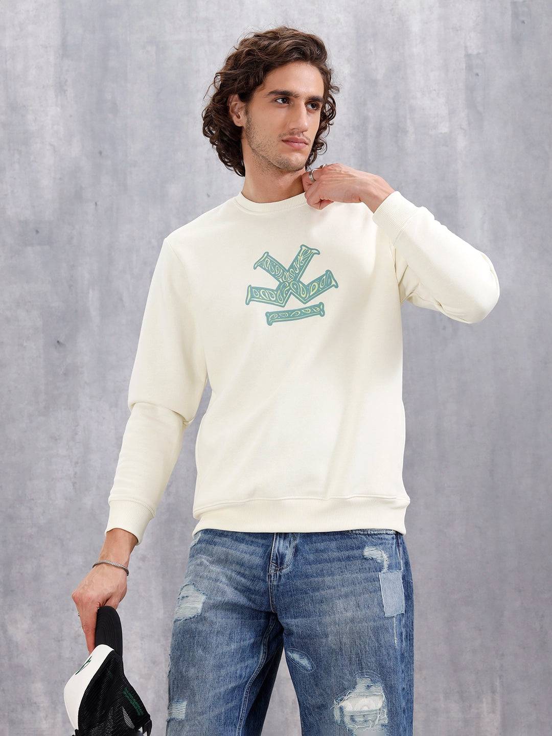 Paisley Inspired Puff Print Brushed Fleece Comfort Fit Sweatshirt | Yellow