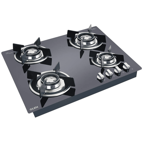 Glen Hob  1064 RO HT DB, 4 Burner 60 cm Automatic Ignition Glass Top Brass Burners 2 Small + 2 big Gas Stove with Double Ring Forged (Black) Buy at only ₹14999