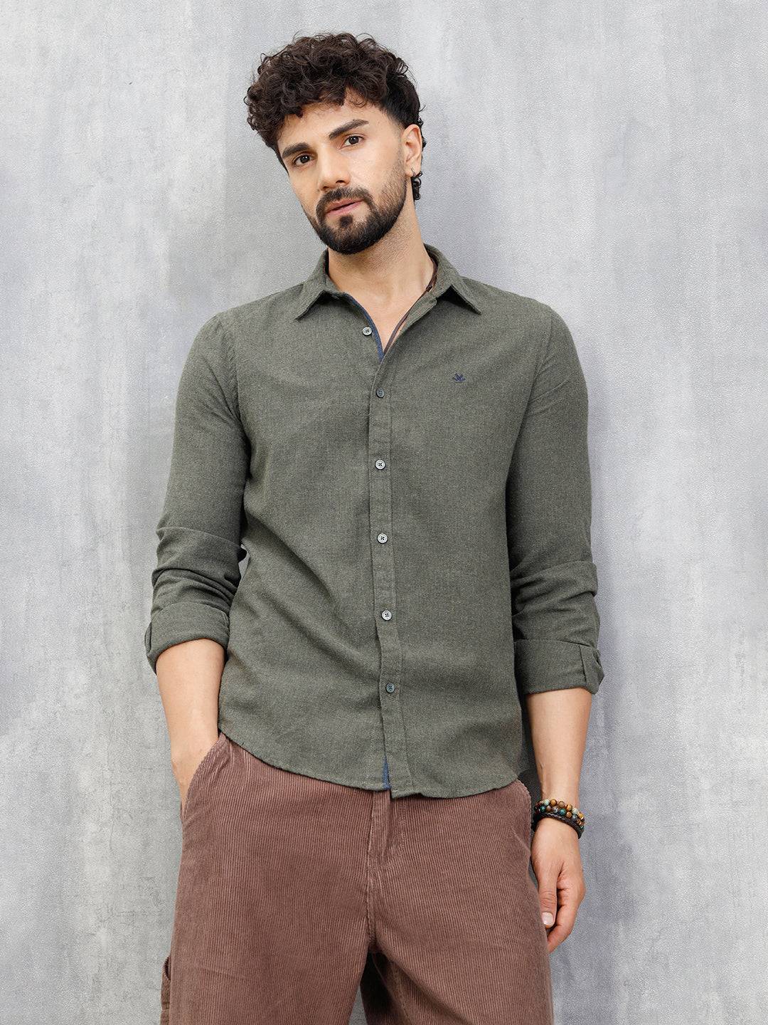 Melange Fabric Smart Shirt In Slim Fit | Olive