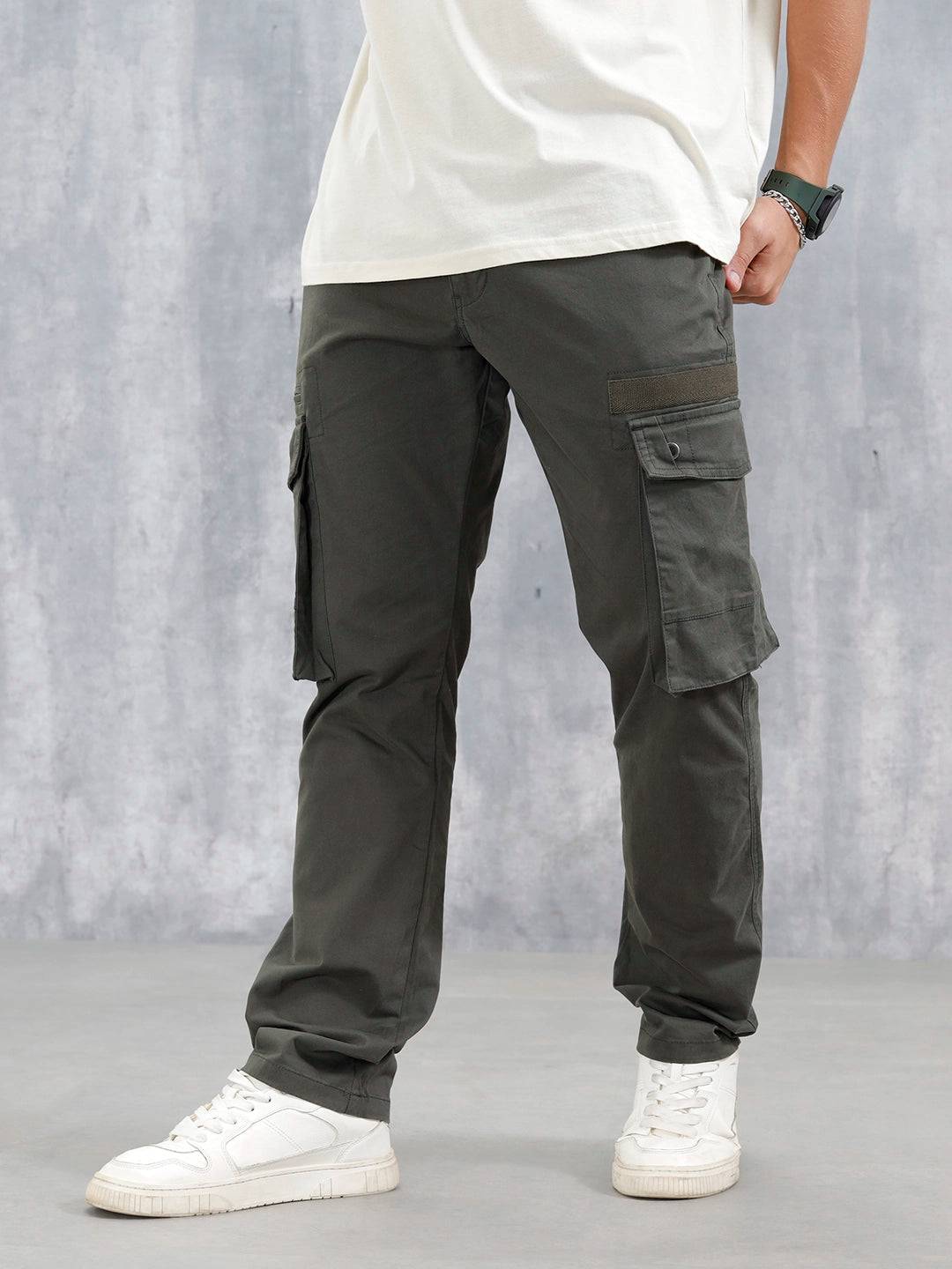 Straight Fit Cotton Twill Utility Trousers With Snap Pockets | Light Olive