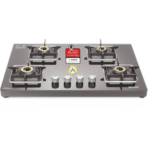 Sujata Cooktop Premium AI, 4 Burner Glass Top Auto Ignition Forged Brass Burner Gas Stove (Black) Buy at only ₹15899