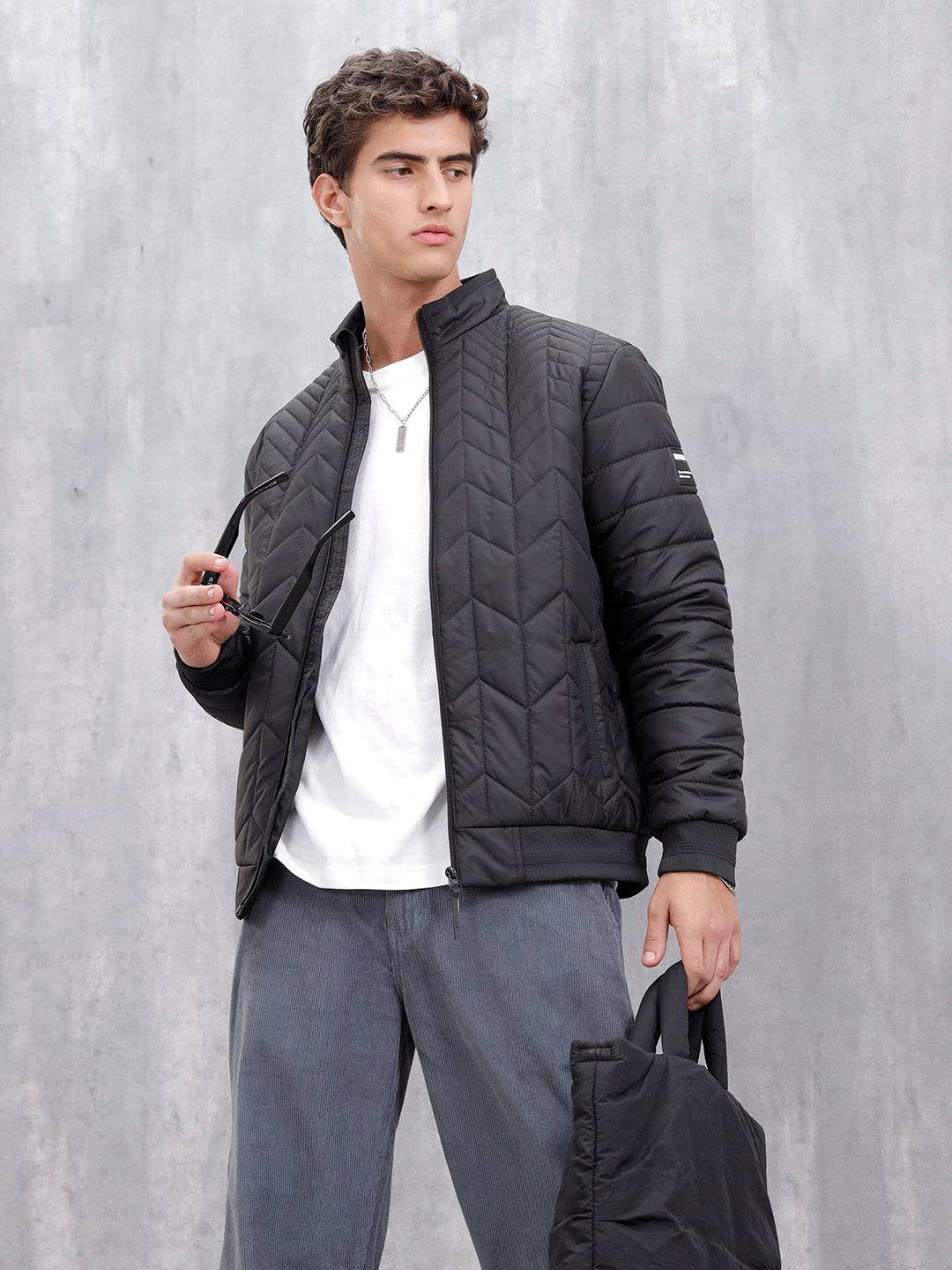 Casual Regular Fit Stand Collar Puffer Jacket | Black