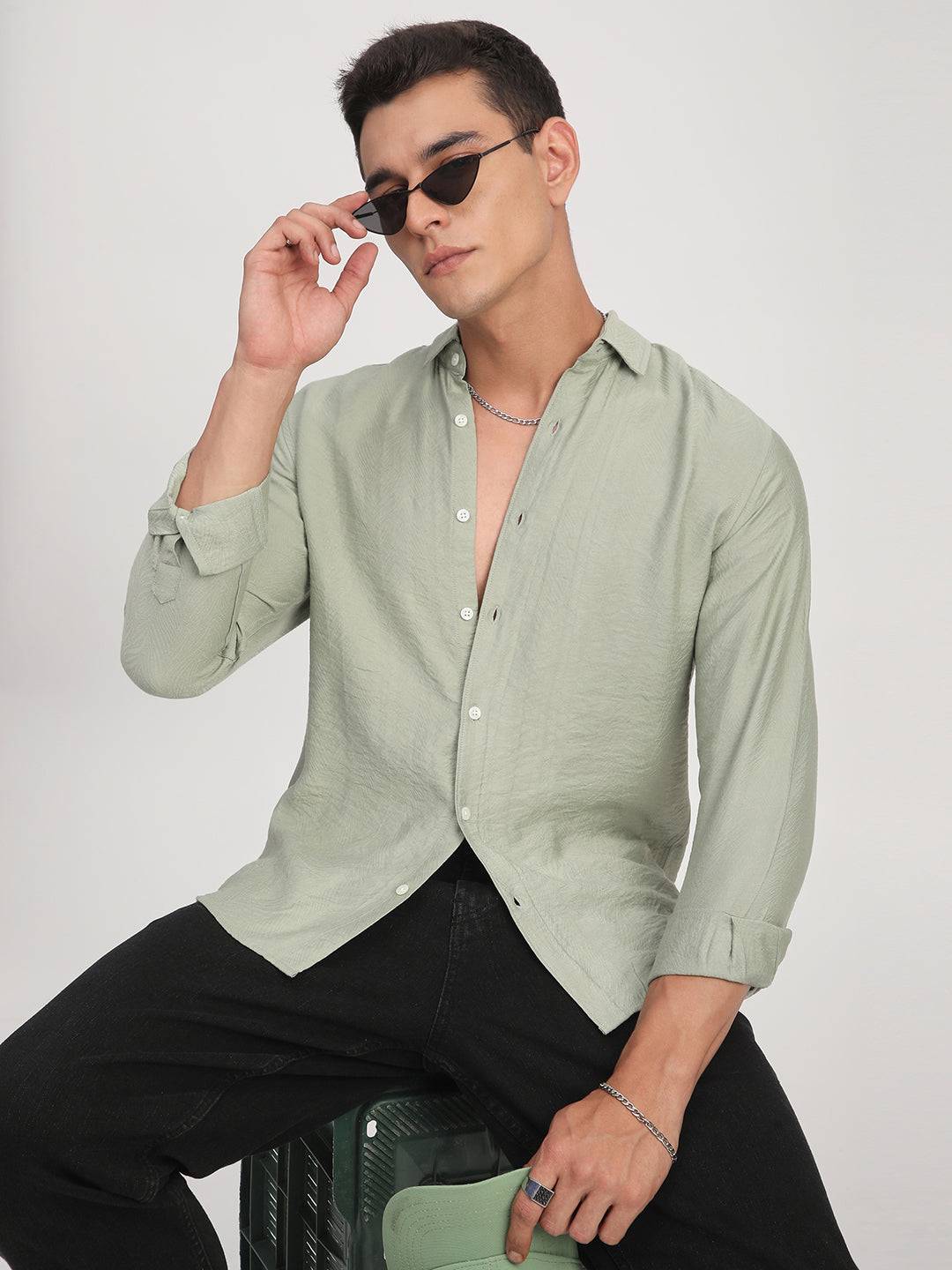 Sage Green Rhythmic Wave Jacquard Shirt Buy only at ₹759