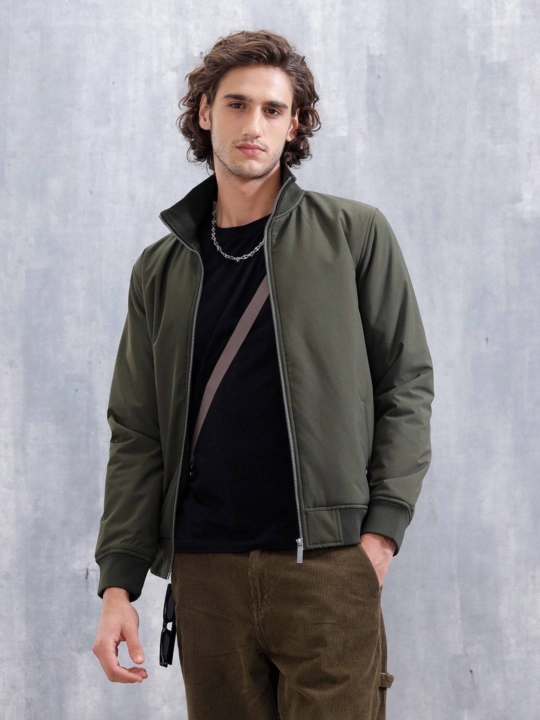 Solid Casual Slim Fit Bomber Jacket | Olive