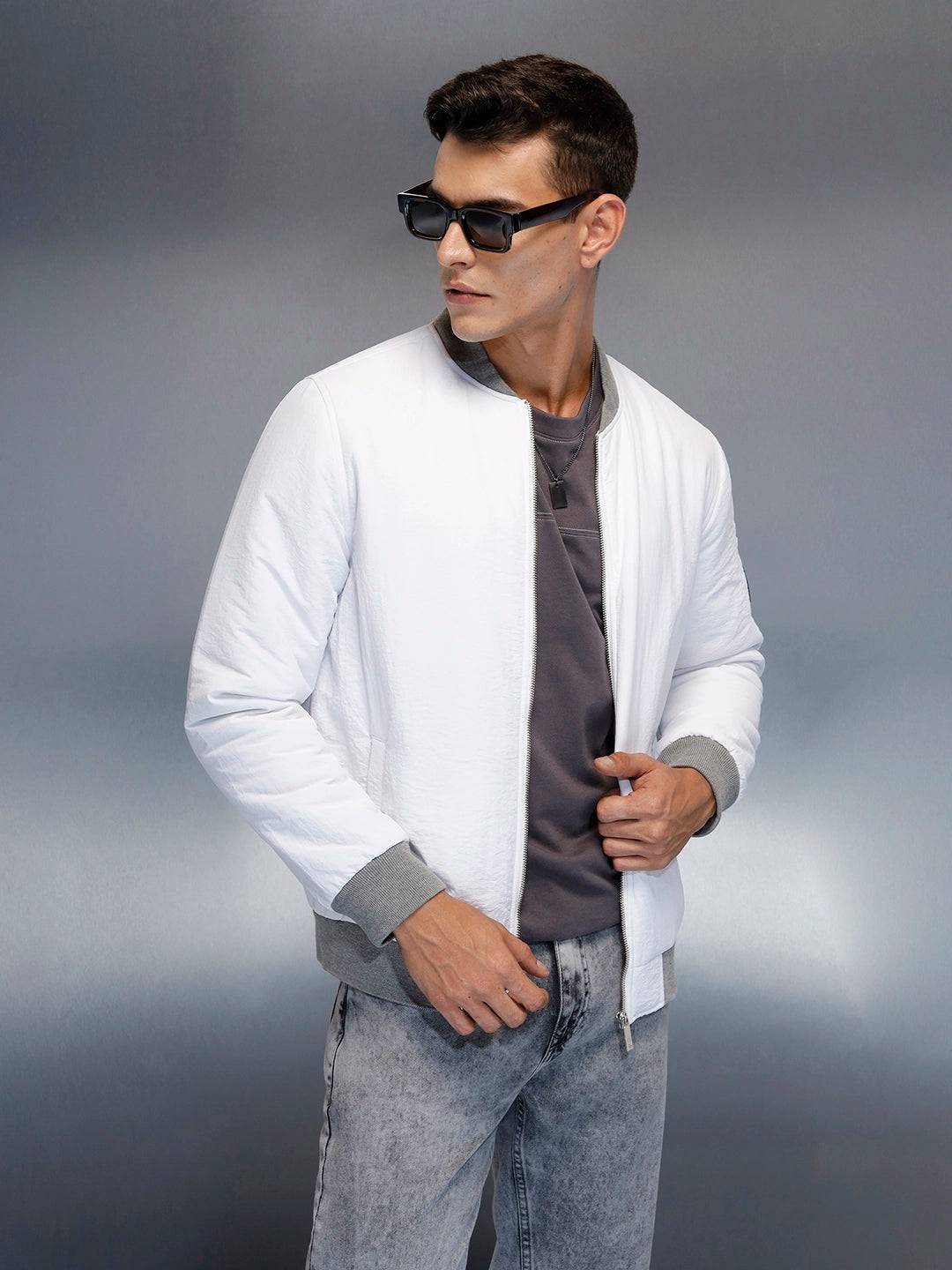 Men's Casual Slim Fit Bomber Jacket | Off White
