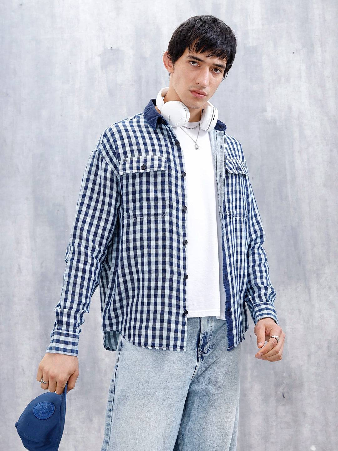 Men's Causal Oversized Fit Checkered Pattern Shirt | Blue