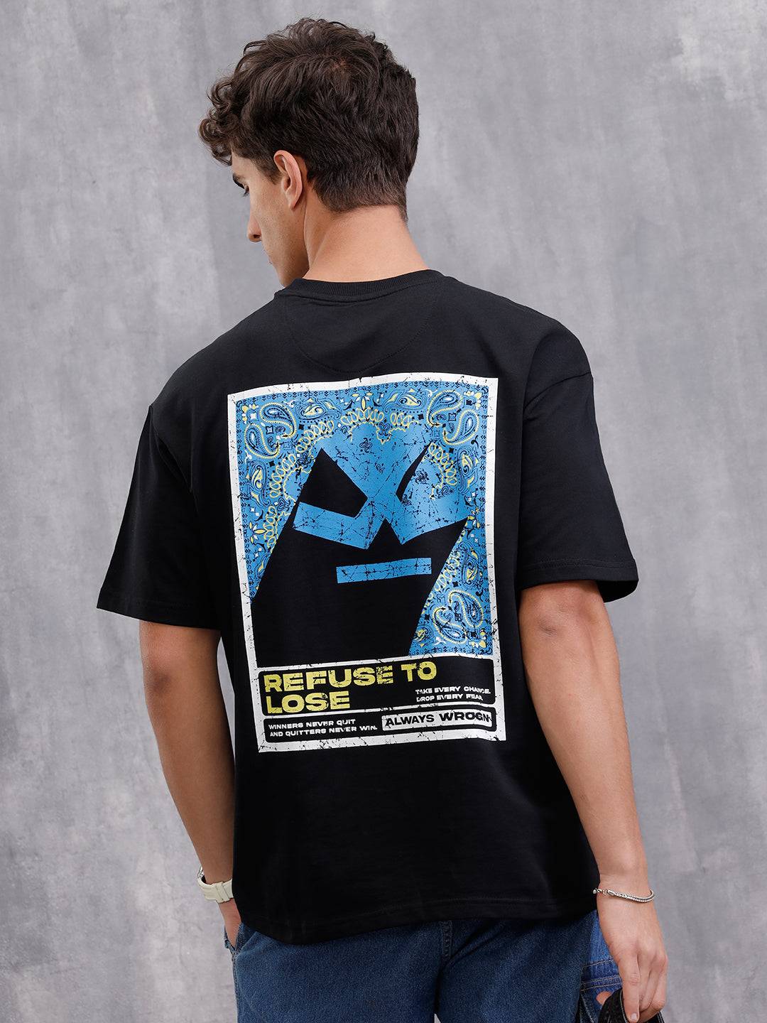 Bandana Inspired Oversized Back Print Crew Neck T-Shirt | Black