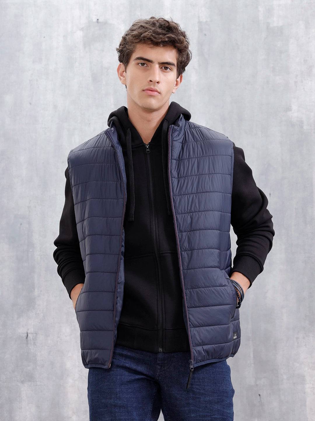 Men's Solid Casual Puffer Jacket  | Navy Blue