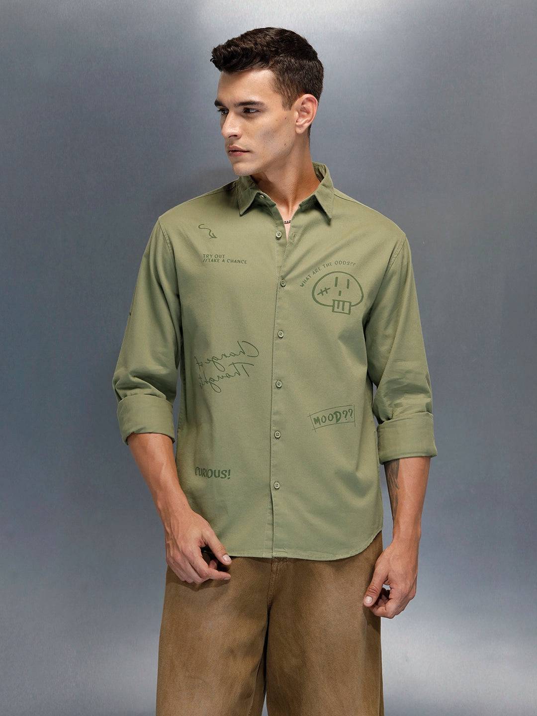 Men's Casual Regualr Fit Shirt With Placement Print | Green