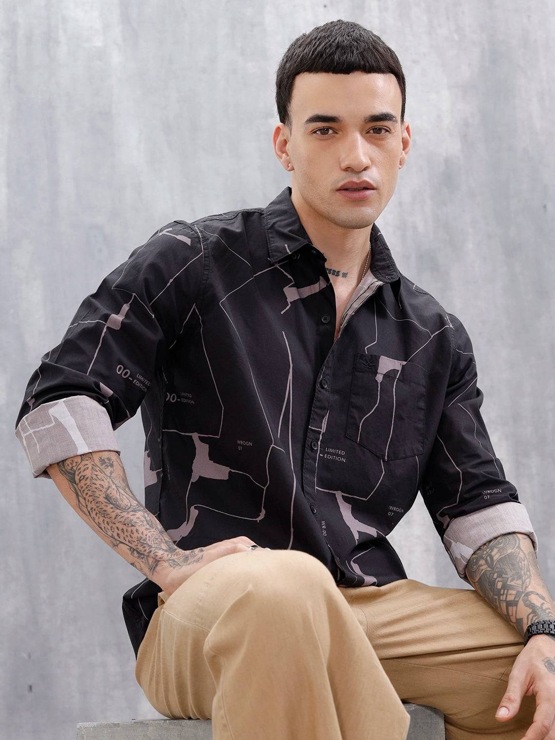 Wrogn Regular Fit Printed Casual Shirt | Black