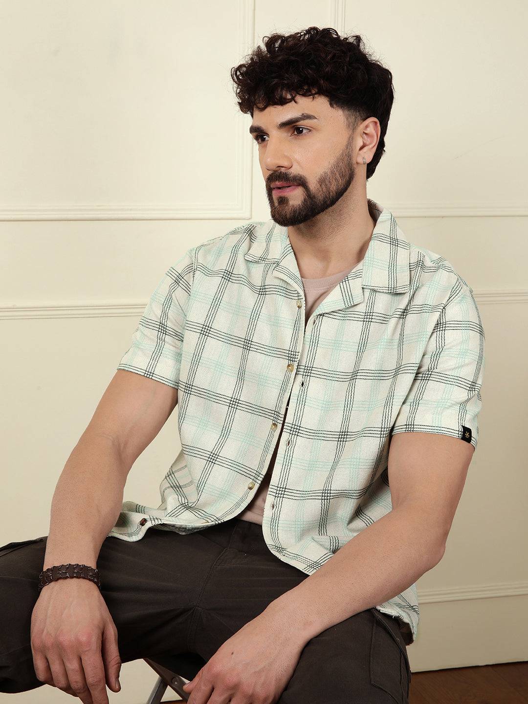 Textured Short Sleeve Checked Shirt | Light Green