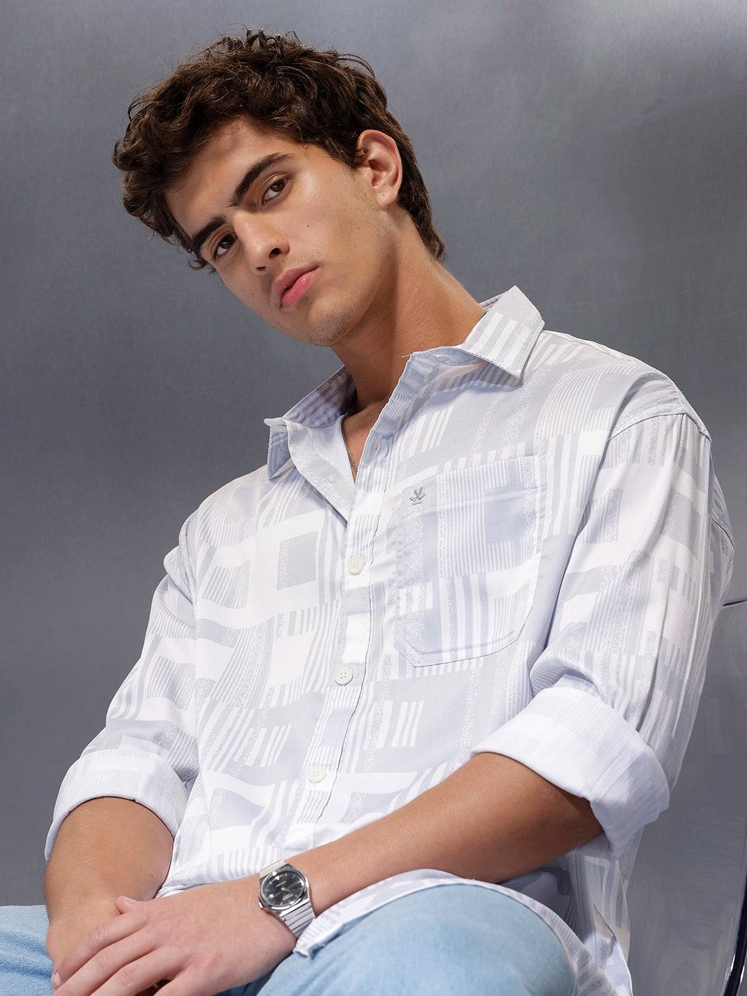 Men's Casual Oversized Abstract Printed Shirt  |  Grey