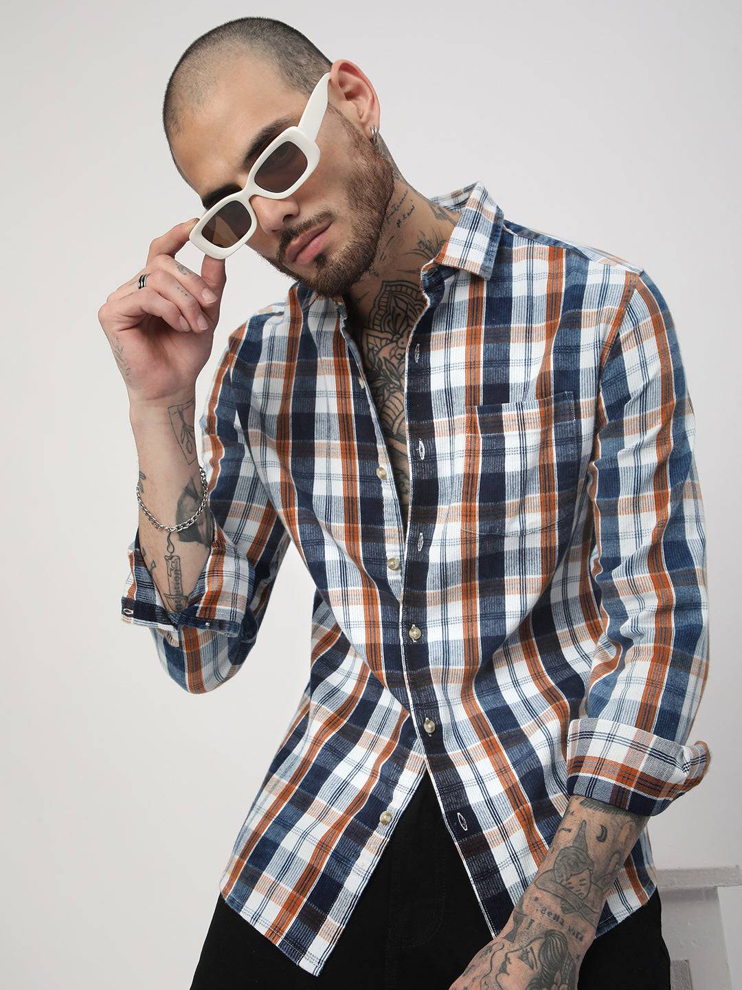 Denim Orange & Navy Plaid Checks Shirt Buy only at ₹759