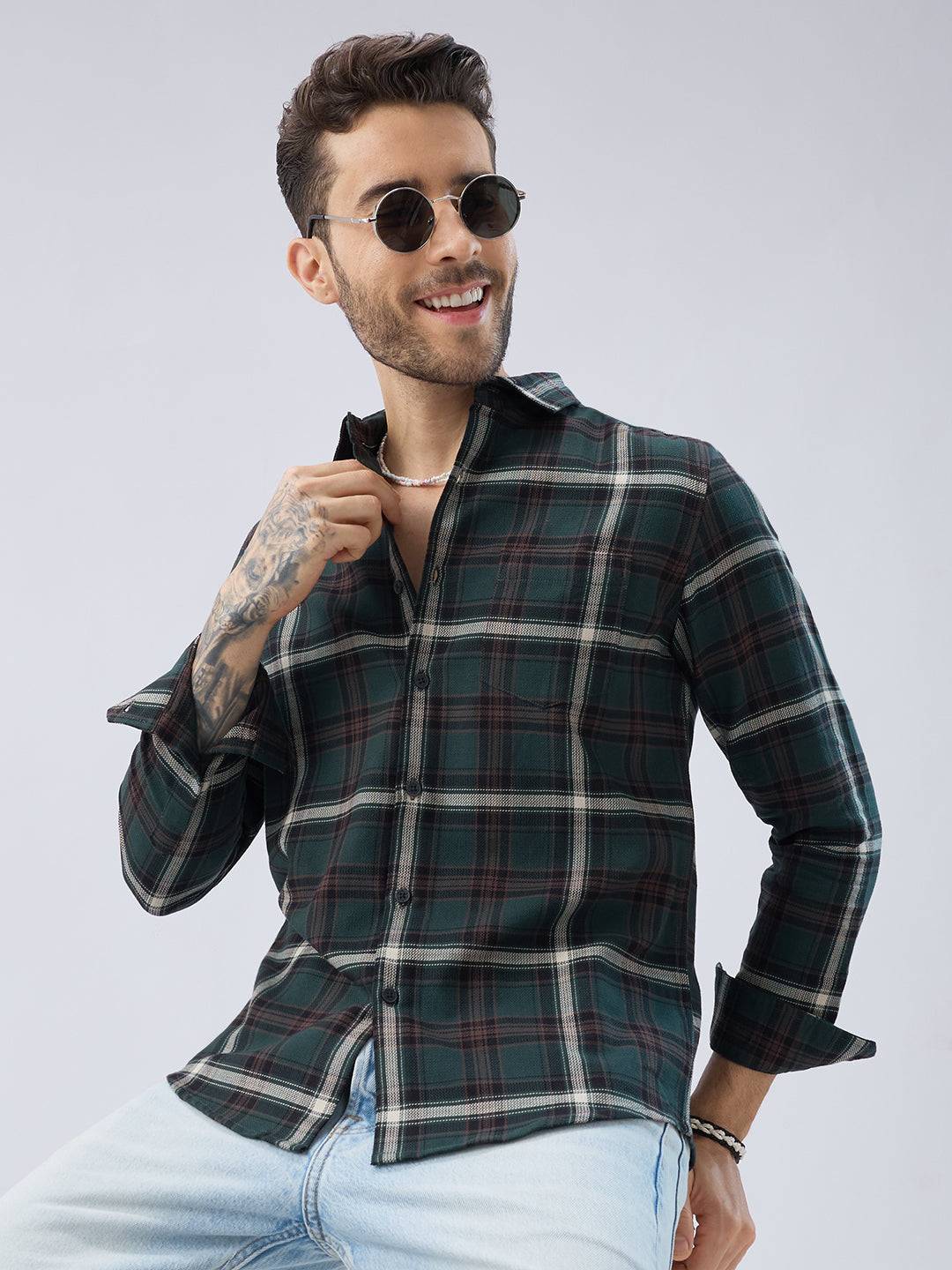 Premium Cotton Vintage Emerald Green Plaid Checks Shirt Buy only at ₹799