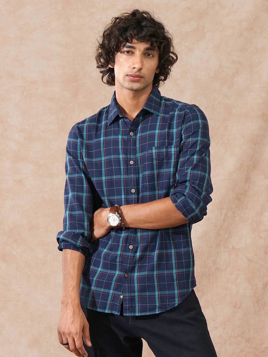 Textured Checks Dobby Shirt  | Navy Blue