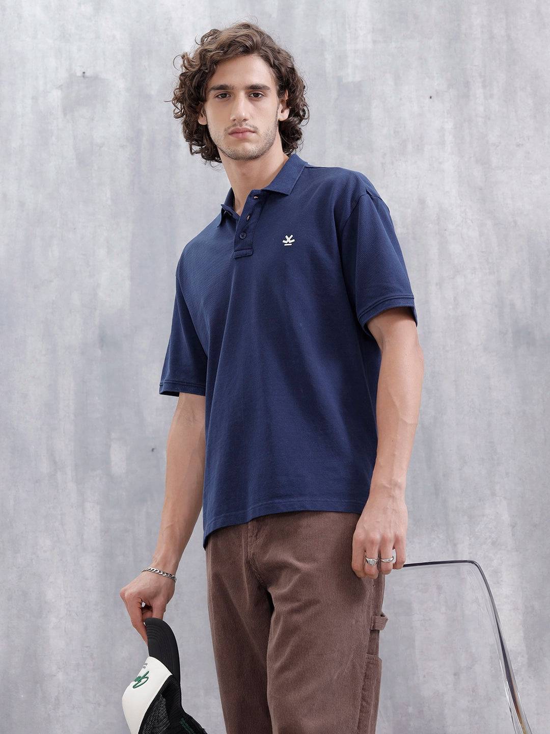 Men Solid Oversized Fit Casual Polo Collar T-shirt | Blue