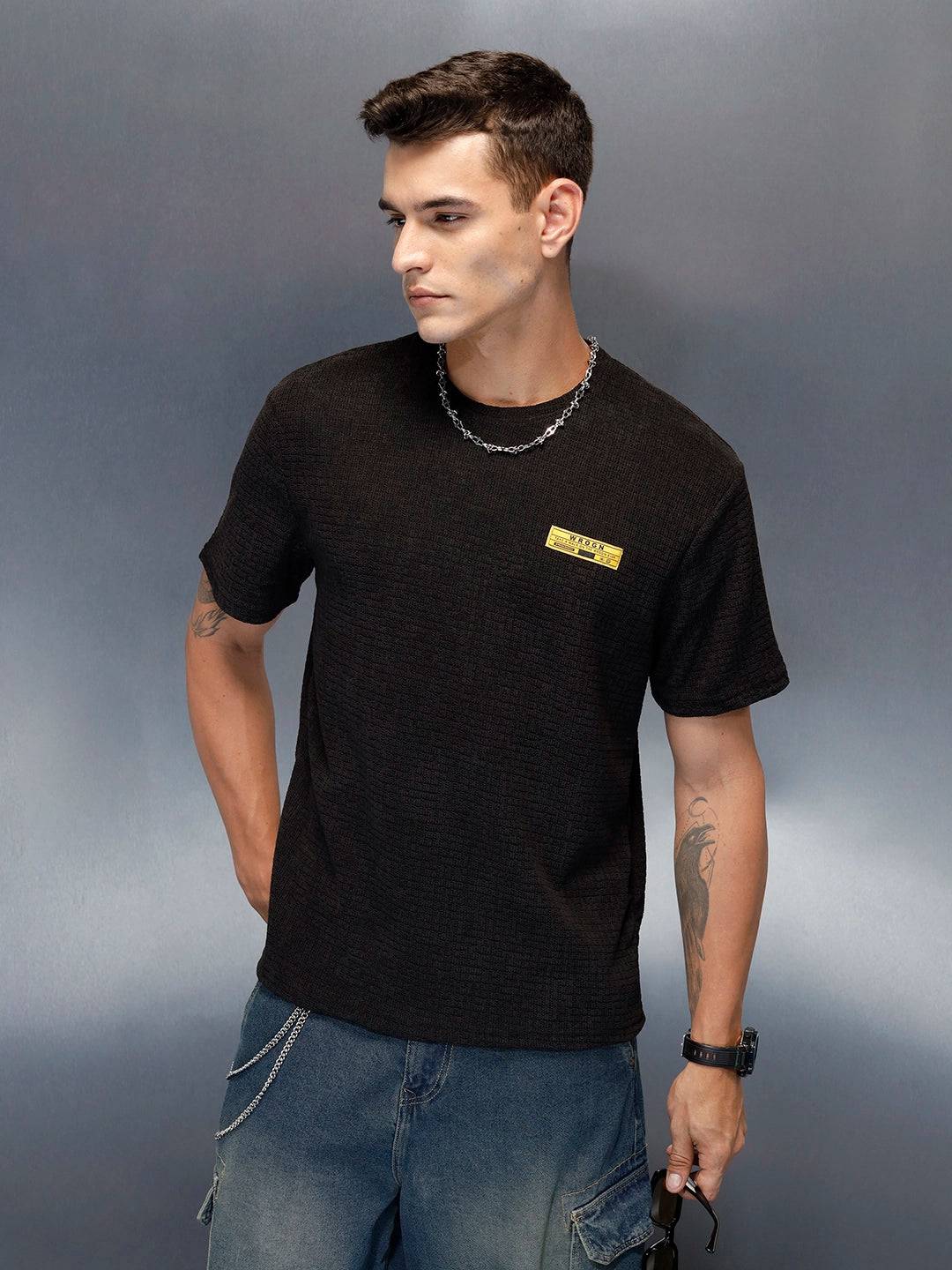 Textured Men's Casual Regualr Fit T-Shirt | Black