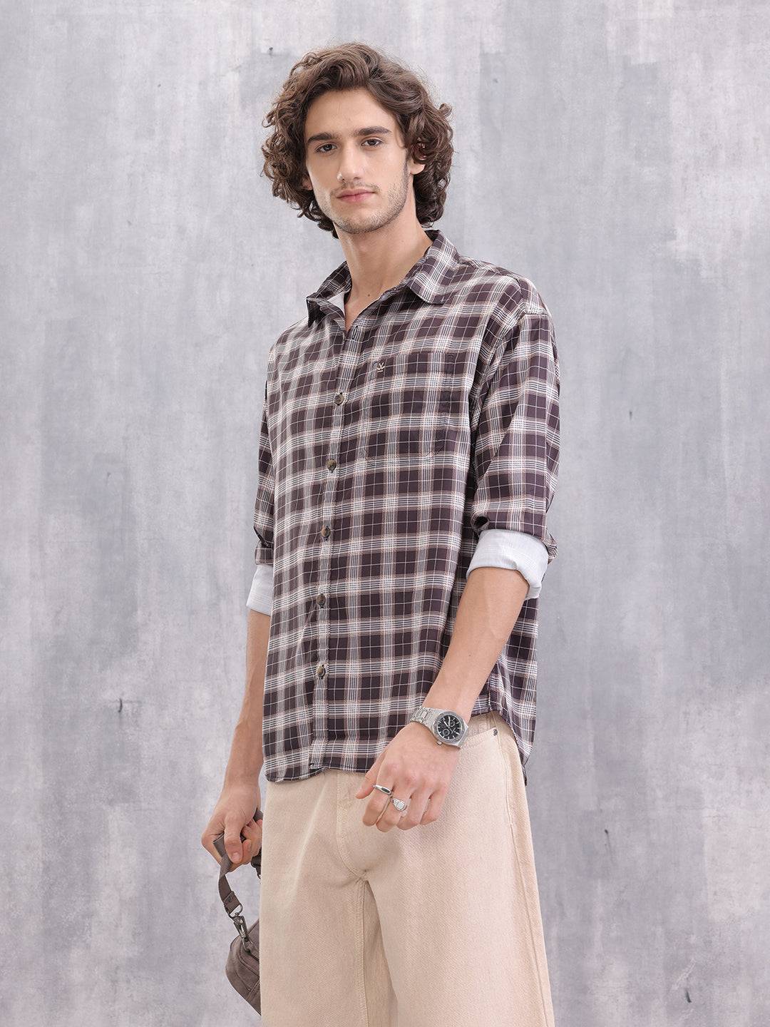 Textured Checkered Regular Fit Shirt | Brown
