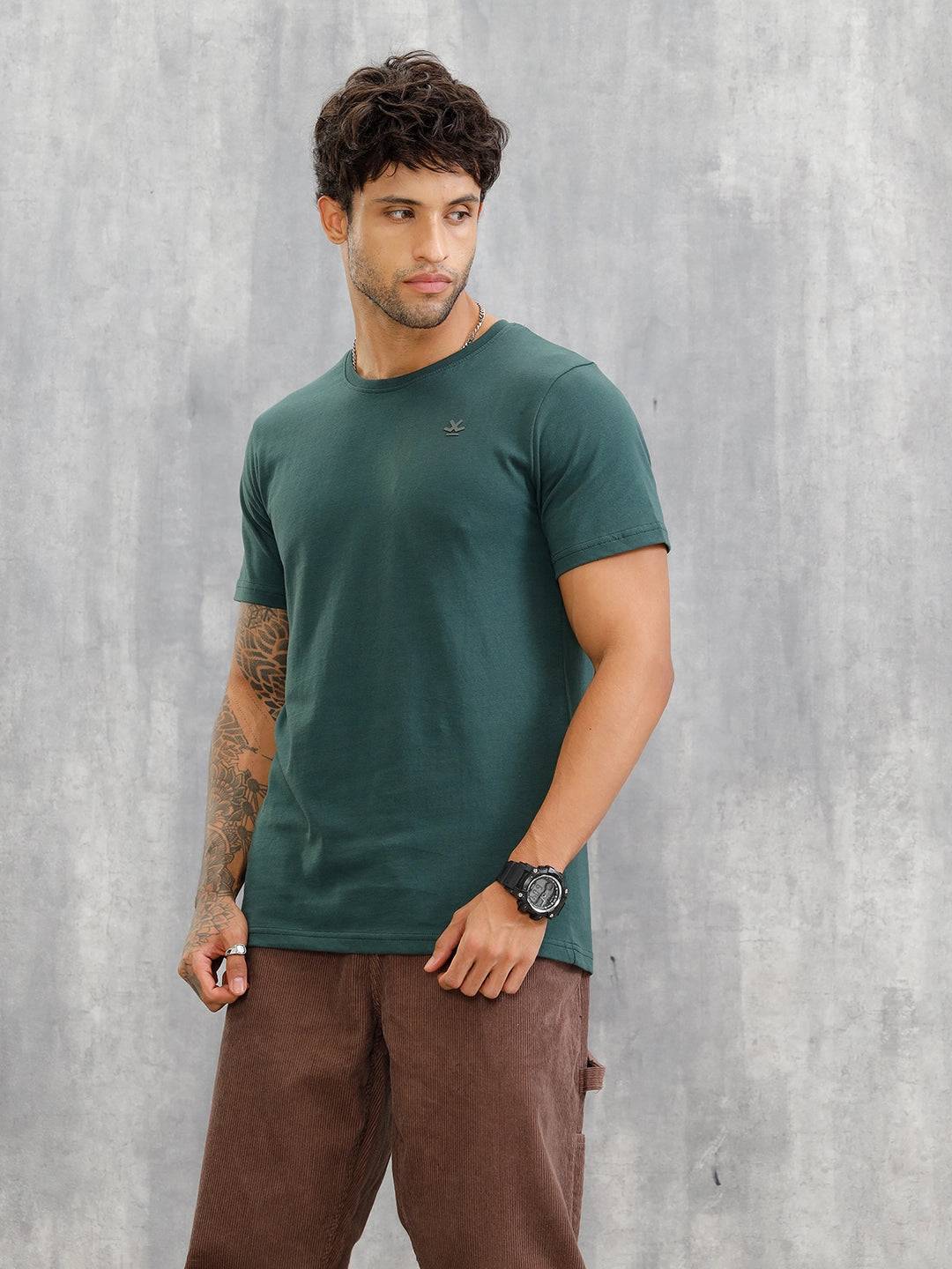 Hd Logo Printed Regular Fit T-shirt with Cut And Sew At Back | Dark Green