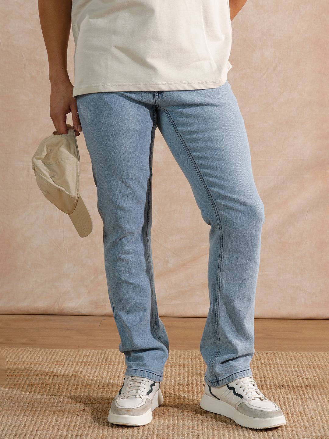 Solid Heavy Fade Straight Fit Jeans | Light Blue