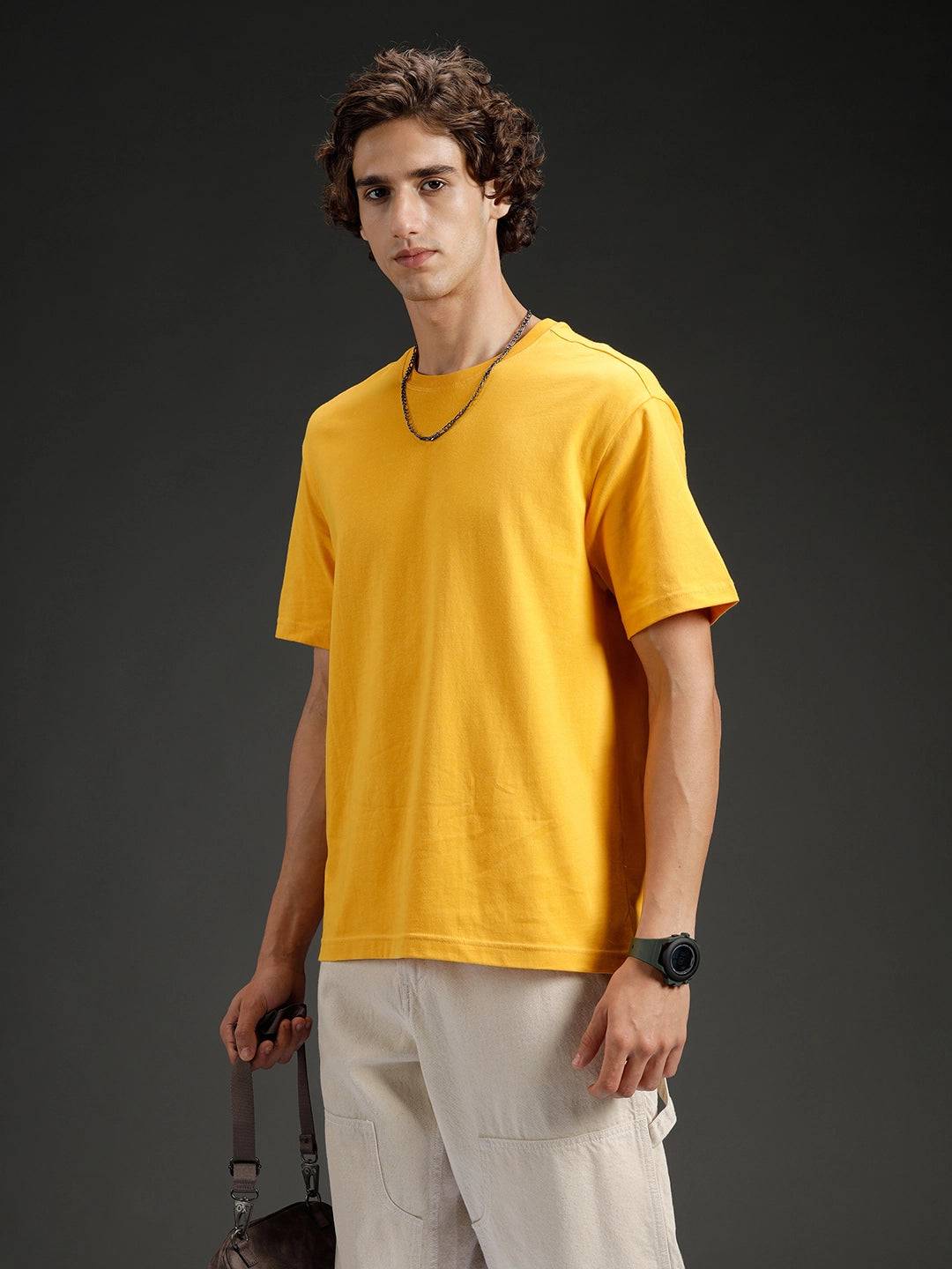 Wrogn Men's Solid Casual Oversized Tee | Orange