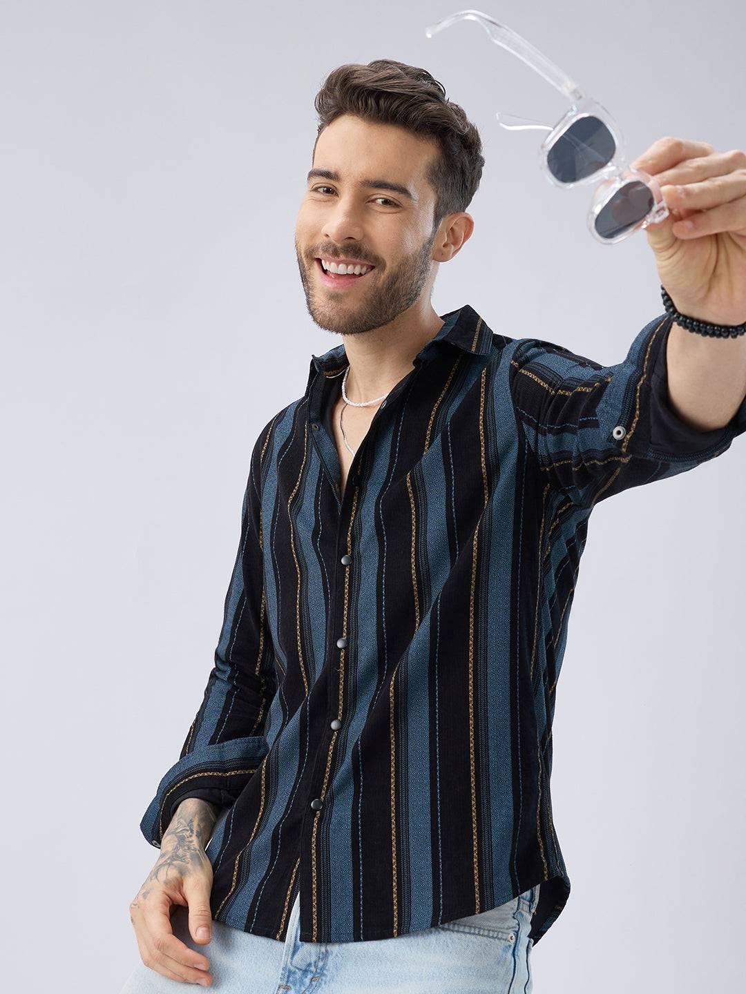 Deep Blue Embellished Corduroy Striped Shirt Buy only at ₹899