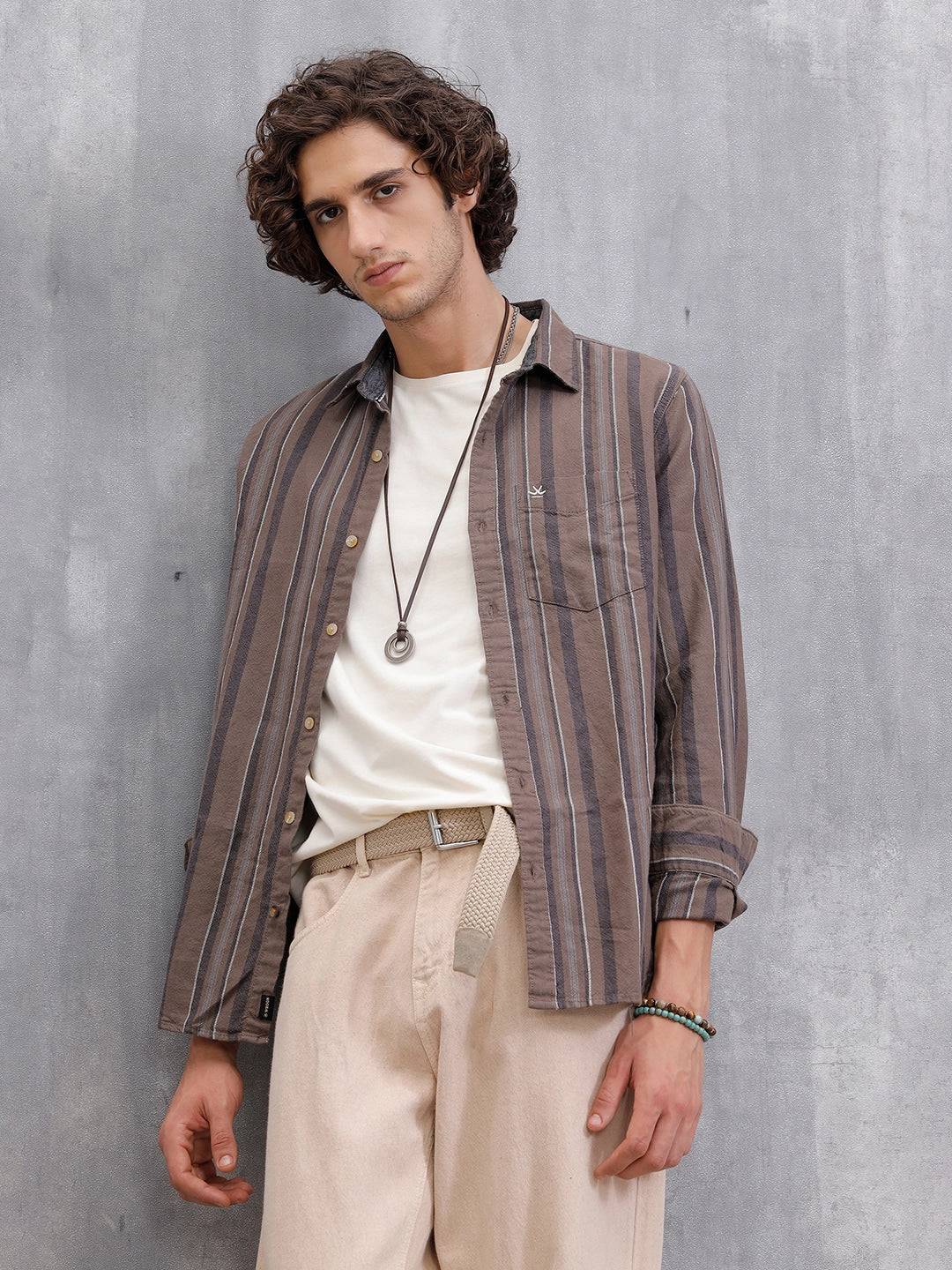 Textured Stripes Slim Fit Shirt | Brown